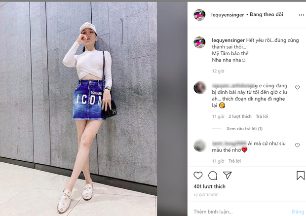 Gần đây, sau khi vướng tin đồn cặp kè tình trẻ và ly hôn chồng, Lệ Quyên liên tục đăng tải những dòng trạng thái ẩn ý luôn khiến công chúng tò mò. Mới đây, cô tiếp tục có chia sẻ mới khiến ai cũng hoang mang. Dù chỉ là đang trích một câu hát để ủng hộ bài hát mới của Mỹ Tâm nhưng nhiều người không khỏi thắc mắc phải chăng cô đang ẩn ý chuyện của mình. Ông xã đại gia của cô khẳng định hai người vẫn chưa ly hôn nhưng nữ ca sĩ lại không có động thái phủ nhận tin đồn.