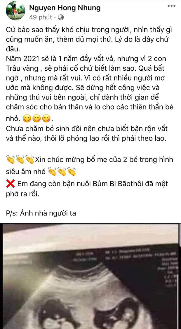 Mới đây, bà xã Xuân Bắc bất ngờ trở thành tâm điểm của sự chú ý khi đăng ảnh siêu âm thai đôi lên trang cá nhân của mình và đính kèm chia sẻ về việc mang thai 2 con