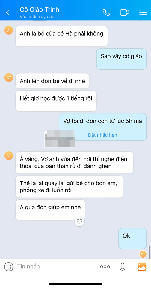 Nguyên văn đoạn tin nhắn của cô giáo thông báo cho người chồng về việc vợ anh quên đón con