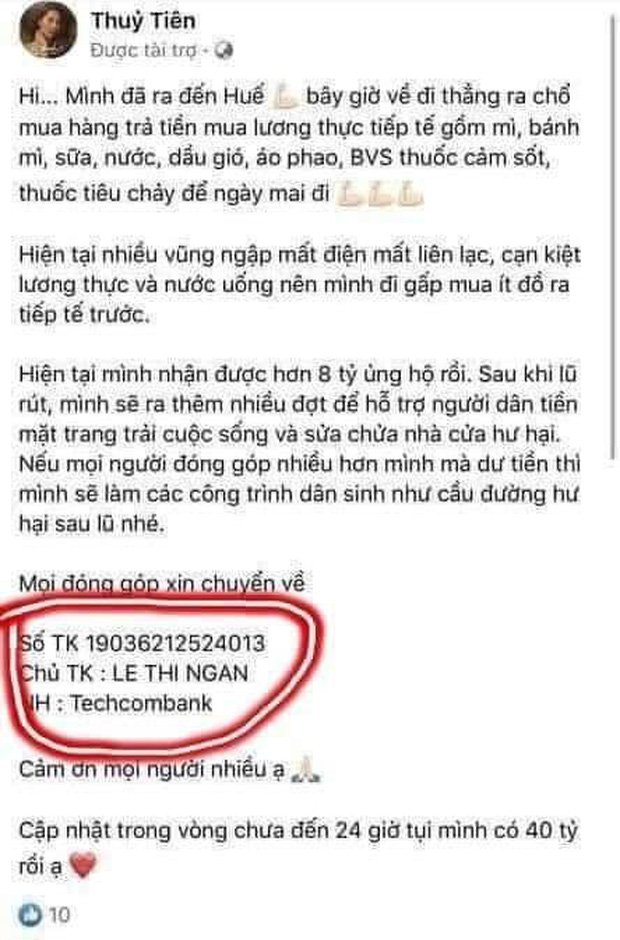 Một số cá nhân lợi dụng tên tuổi của Thủy Tiên kêu gọi từ thiện giả mạo, lập nên tài khoản Facebook trá hình có tên nữ ca sĩ và bỏ tiền chạy quảng cáo bài đăng lừa đảo. Cụ thể, Thủy Tiên bức xúc khi phát hiện bị một tài khoản Facebook đã cố tình tạo ID và sử dụng hình ảnh của cô nhằm kêu gọi từ tiện trá hình. Không để yên, cô đã lên tiếng cảnh báo gay gắt đồng thời đưa ra điều kiện, nếu hết ngày hôm nay, đối tượng trên không chấm dứt hành vi lừa đảo thì cô sẽ truy lùng danh tính thông qua STK ngân hàng và nhờ cơ quan chức năng vào cuộc xử lý. Nhiều người đang phẫn nộ cùng với Thủy Tiên.