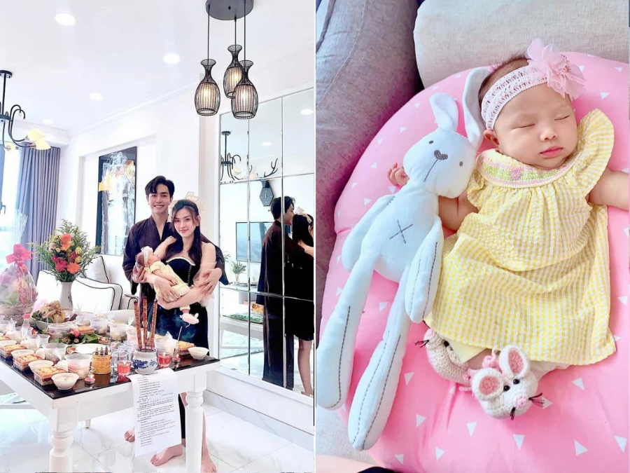 Thu Thủy đã tổ chức tiệc đầy tháng cho con gái Lana: “Hôm nay đầy tháng con gái Lana, ba mẹ cúng xôi chè, hoa quả và trái cây. Mong con gái Lana một đời bình an, sức khỏe, mau ăn chóng lớn con gái yêu của ba mẹ nha”. Đặc biệt khoảnh khắc Kin Nguyễn hạnh phúc bế con gái tròn 1 tháng tuổi và cận cảnh gương mặt bé Lana khiến nhiều người thích thú. Là nhân vật chính nên bé được mẹ diện váy, đeo băng đô điệu đà, đáng yêu.