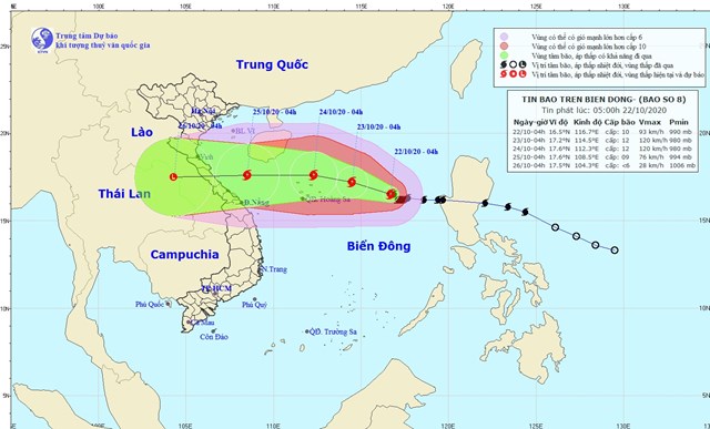 Hướng di chuyển của bão số 8 trên Biển Đông (Ảnh: TTDBKTTVQG)