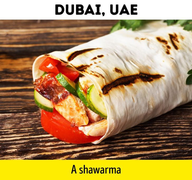 Dubai - Một phần Shawarma với thịt nướng và rau được cuộn trong lớp vỏ bánh: Tại đất nước siêu giàu này, nhu yếu phẩm bình dân đặc biệt đồ ăn lại không đắt như chúng ta nghĩ.
