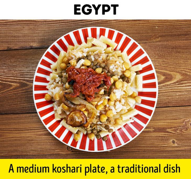 Ai Cập - 1 đĩa koshari, món ăn đường phố phổ biến rộng rãi ở đây. Koshari gồm đậu lăng, cơm, đậu gà, với nước sốt cà chua đặc biệt và hành giòn mặn bên trên!  
