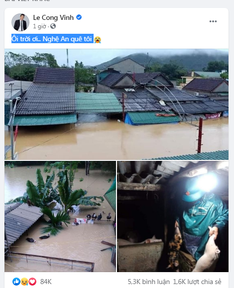 Công Vinh đang cùng Thủy Tiên trao tặng tiền cứu trợ ở nhiều nơi tại Quảng Bình và Hà Tĩnh. Tuy nhiên mới đây, do ảnh hưởng của cơn bão số 9, rất nhiều khu vực tại quê nhà Nghệ An của Công Vinh cũng bị ngập lụt nghiêm trọng. Hơn 800 hộ dân ở các xã ở Nghệ An do nước lũ lên nhanh nên người dân phải di dời gấp. Chứng kiến cảnh quê nhà ngập lụt, Công Vinh không khỏi xót xa. Mặc dù bản thân đang đi từ thiện tại các vùng lũ lụt khác nhưng quê nhà mình bị lũ, Công Vinh lại chưa thể về được vì nhiều lý do. Điều này chắc hẳn làm anh vô cùng lo lắng.