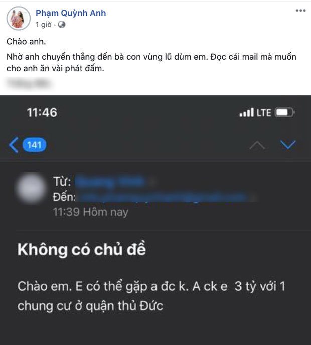 Tin nhắn gạ gẫm từ một người đàn ông giấu mặt gửi đến Phạm Quỳnh Anh.