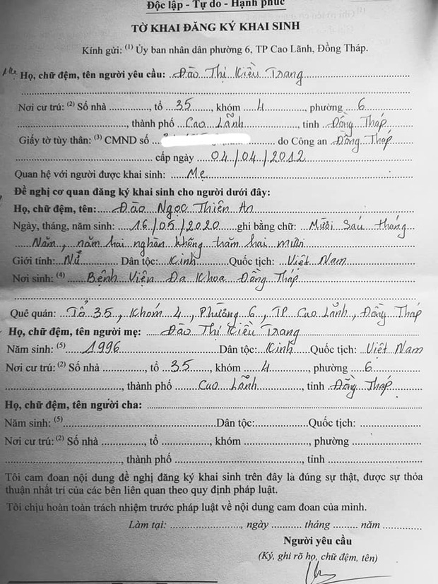 Giấy khai sinh của bé Thiên An.