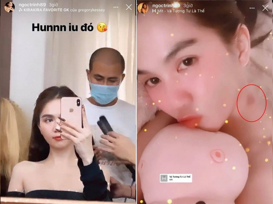 Hôm qua Ngọc Trinh làm dậy sóng mxh khi đăng ảnh vừa ngủ dậy nhưng lại có dấu hickey (dấu yêu) ở cổ. Dân tình đồn đoán phải chẳng đây là dấu vết do bạn trai để lại cho Ngọc Trinh. Chẳng để fan chờ lâu, cô cũng đã ngầm thừa nhận dấu hickey là thật khi quay lại khoảnh khắc chuyên viên trang điểm đang đánh phấn xoá bỏ dấu vết này, kèm chú thích: “Hun iu đó”. Với chi tiết này khán giả càng mong đợi Ngọc Trinh sẽ công khai bạn trai trong một ngày không xa.