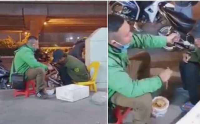 Hình ảnh nam tài xế bón cơm cho cụ ông vô gia cư khiến mọi người cảm động (Ảnh cắt từ clip)