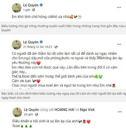 Sau khi ly hôn, Lệ Quyên khiến cđm ngưỡng mộ với cuộc sống sang chảnh nhưng cô cũng dính vào tin đồn hẹn hò tình trẻ Lâm Bảo Châu. Dù không lên tiếng về nghi vấn tình cảm nhưng Lệ Quyên lại liên tục có những động thái ẩn ý với chàng trai này. Có thể thấy những dòng chia sẻ của cô thời gian gần đây đều đính kèm biểu tượng hình con gà trống. Trùng hợp thay, Lâm Bảo Châu cũng sinh năm 1993, tuổi Dậu. Phải chăng nữ ca sĩ đang ẩn ý nhắc đến “tình trẻ tin đồn”?