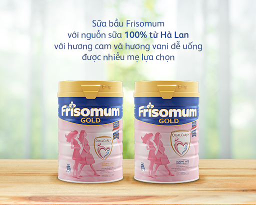 Sữa bầu Frisomum với hương cam và hương vani dễ uống, được nhiều mẹ lựa chọn.