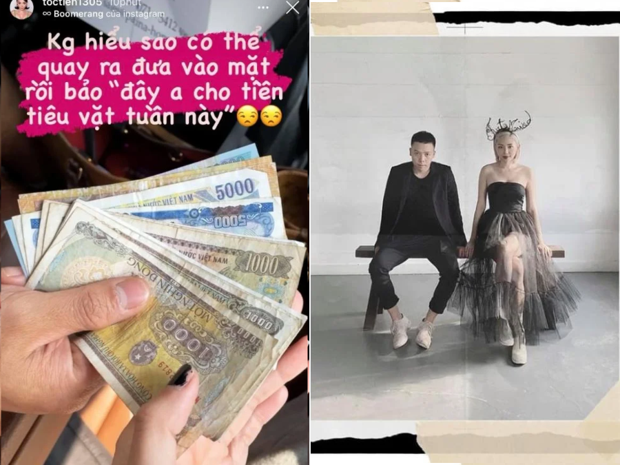Tóc Tiên hí hửng khoe được ông xã cho tiền tiêu vặt trong tuần nhưng chỉ được nhận vài đồng lẻ khoảng 60 ngàn đồng. Chụp lại khoảnh khắc tiền trao tay, Tóc Tiên cảm thán: “Không hiểu sao có thể quay ra đưa vào mặt rồi bảo “đây anh cho tiền tiêu vặt tuần này””. Màn công khai tiền cho vợ của gia đình Tóc Tiên - Hoàng Touliver khiến ai cũng thích thú.