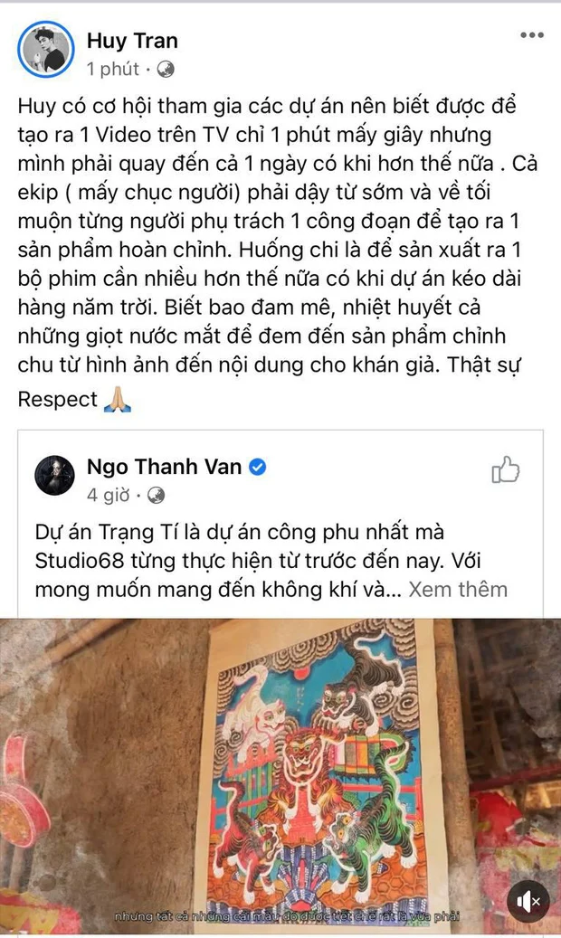 Tin đồn Ngô Thanh Vân đang hẹn hò với CEO Huy Trần khiến cư dân mạng xôn xao. Sau loạt động thái úp úp mở mở, Huy Trần cuối cùng cũng đã chịu nhắc đến bạn gái tin đồn trên MXH. Tối 30/12, Huy Trần đã viết 1 status dài để ủng hộ dự án sắp ra mắt của Ngô Thanh Vân. Anh chia sẻ trực tiếp bài viết của Ngô Thanh Vân. Dù đọc thì ai cũng thấy đều dừng lại ở mức công việc nhưng việc Huy Trần công khai ủng hộ 