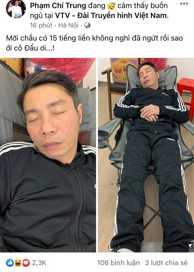 NS Chí Trung chia sẻ hình ảnh NS Công Lý khi đang ngủ thiếp trong hậu trường tập luyện Táo Quân 2021. 
