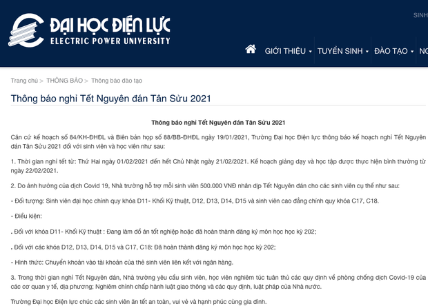 Thông báo mới nhất của trường Đại học Điện lực