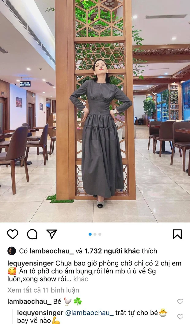 Mới đây, Lâm Bảo Châu và Lệ Quyên hé lộ cách xưng hô độc đáo với nhau. Cụ thể, Lệ Quyên đăng status dài để thông báo kết thúc ngày làm việc và sắp trở về nhà. Ngay lập tức Lâm Bảo Châu bình luận: