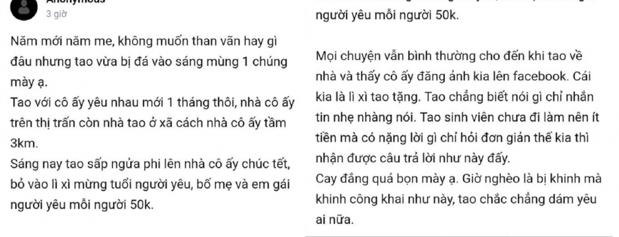 Cô bạn gái đòi chia tay vì số tiền mừng tuổi theo cô là quá ít