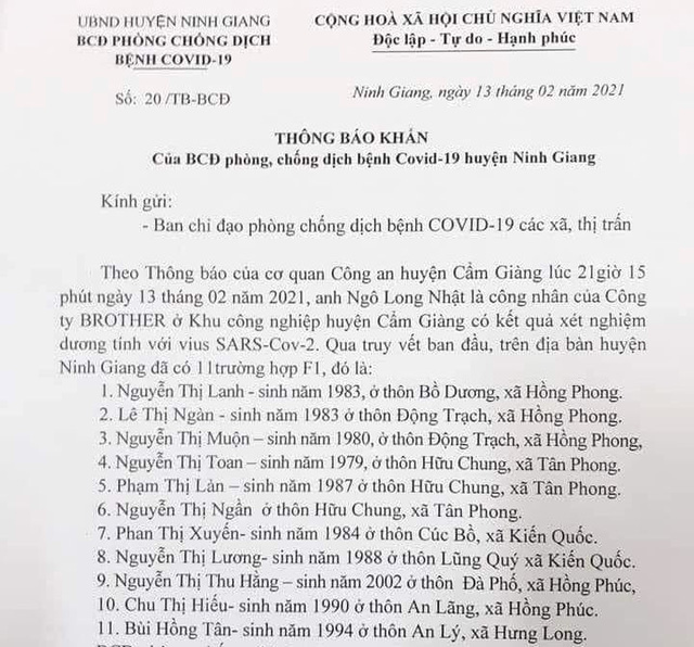 Thông báo khẩn của Ban chỉ đạo phòng, chống dịch COVID-19 huyện Ninh Giang được ban hành đêm qua. Ảnh: Gia đình.net