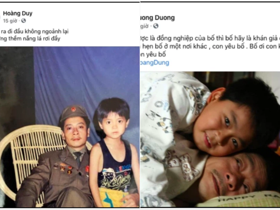 Hai người con trai của cố nghệ sĩ Hoàng Dũng đã có những chia sẻ xúc động. Anh Hoàng Duy - con trai lớn của cố NS đăng bức ảnh kỉ niệm của 2 bố con ngày xưa, kèm theo đó là những câu thơ cảm động. Về phần con trai út Dương Dương, anh đổi ảnh đại diện sang màu đen và nhắn nhủ đến bố ở nơi xa: