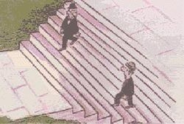 Một bức hình đánh lừa thị giác khác. Trong hình, bạn sẽ thấy một nghịch lý cùng trên một bậc thang nhưng một bên tạo cảm giác đi lên, bên còn lại là đi xuống.