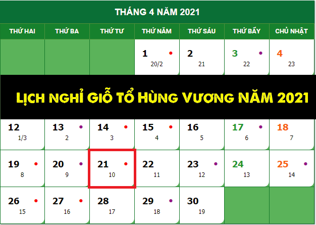 Lịch Giỗ tổ Hùng Vương 10/3 âm lịch rơi trúng thứ Tư (21/4/2021 dương lịch) (Ảnh: Thuvienphapluat.vn)