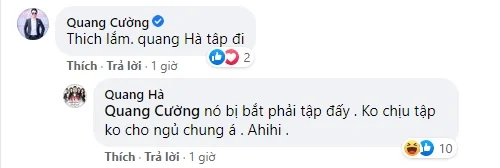 Lệ Quyên chia sẻ hình ảnh mới nhưng bình luận của ca sĩ Quang Hà dưới bài đăng lại nhận được sự chú ý. Cụ thể, Quang Cường – anh trai nam ca sĩ nhắn nhủ: “Thích lắm, Quang Hà tập đi”. Trước nguyện vọng của anh trai, Quang Hà phản hồi khiến ai nấy bất ngờ. Nam ca sĩ hóm hỉnh: “Nó bị bắt phải tập đấy. Không chịu tập không cho ngủ chung á”. Chia sẻ của Quang Hà khiến nhiều người liên tưởng đến Lâm Bảo Châu, nghĩa là nếu Lệ Quyên không chịu đi tập, Lâm Bảo Châu sẽ không cho ngủ chung, nhưng thực hư thế nào thì chỉ người trong cuộc mới hiểu.