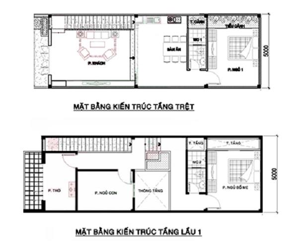 Sơ đồ thiết kết mẫu nhà ống 2 tầng.