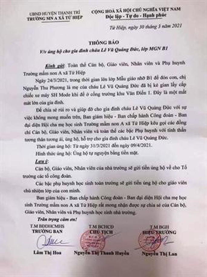 Nội dung bản thông báo của hiệu trường trường Mầm non A Tứ Hiệp