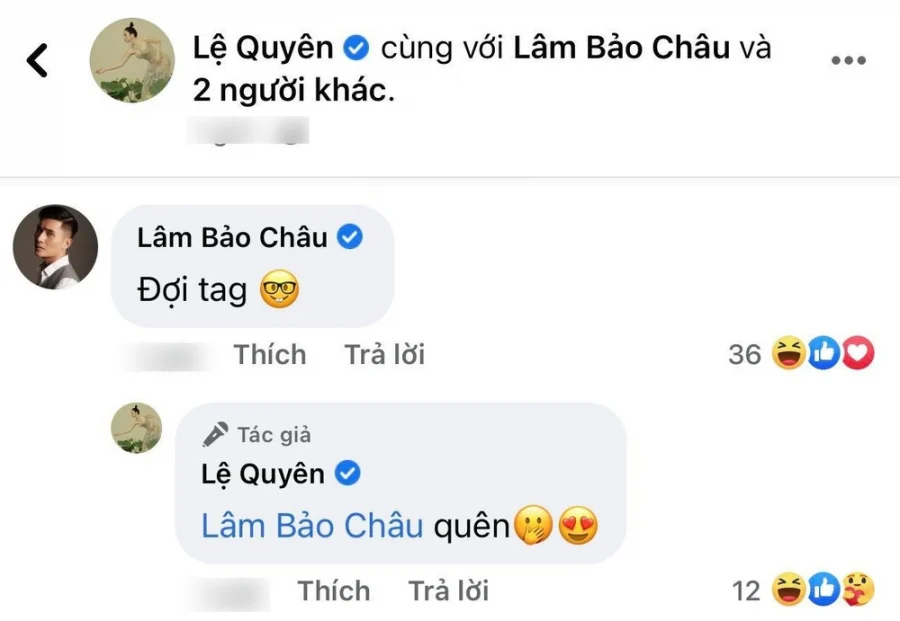 Mới đây, Lệ Quyên đăng hình ảnh tình tứ cùng Lâm Bảo Châu trong một bữa ăn cùng 2 người bạn nữa. Nữ ca sĩ để mặt mộc tình tứ khoác tay lên vai bạn trai để chụp một kiểu ảnh vô cùng ngọt ngào giữa những người bạn. Có thể thấy rằng sự hạnh phúc của đôi tình nhân mới yêu trên khuôn mặt của cả hai. Chưa hết, Lâm Bảo Châu còn vào nũng nịu đòi được tag vào ảnh: