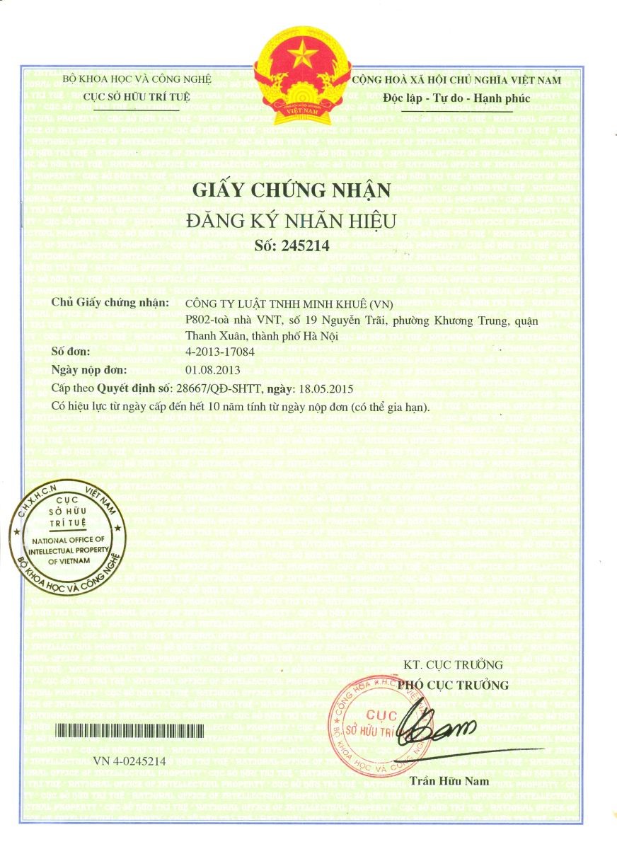 Giấy chứng nhận đăng ký thương hiệu của Công ty Luật Minh Khuê