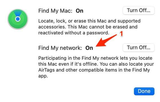 Bật tính năng Find My Mac và Find My network trên MacBook.