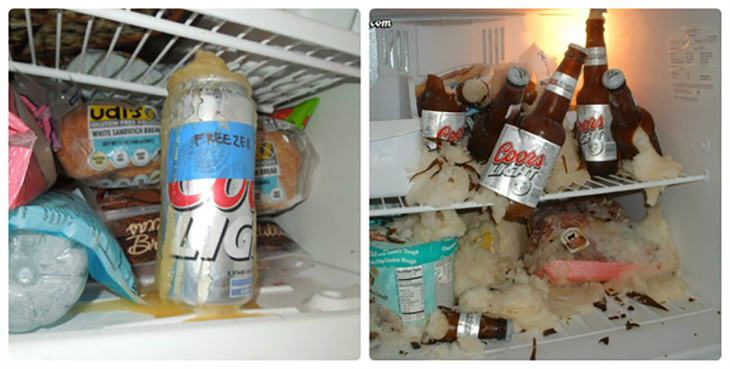 Đã xảy ra không ít trường hợp chai bia, lon nước nổ khi để trong ngăn đá tủ lạnh.