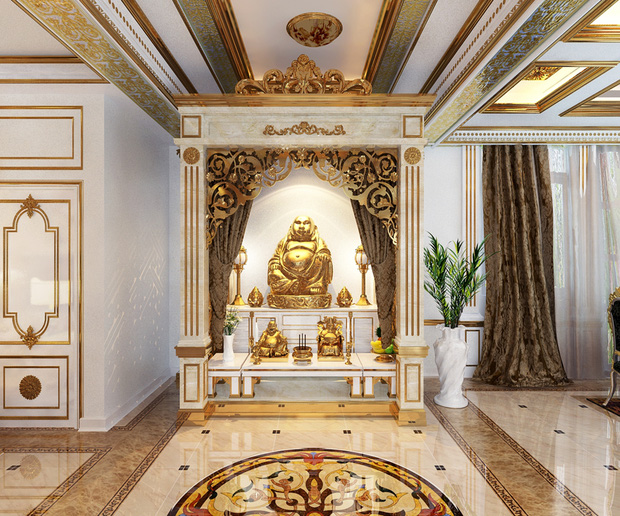 Trong căn biệt thự có không gian dành cho tâm linh với những bức tượng bằng vàng