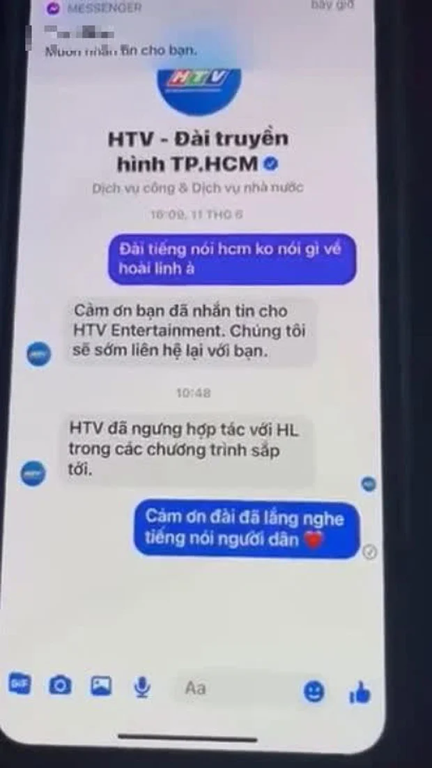 MXH xuất hiện đoạn tin nhắn được cho là của fanpage chính thức của HTV, khi được hỏi về vấn đề liên quan tới ns Hoài Linh, fanpage này đã trả lời: 