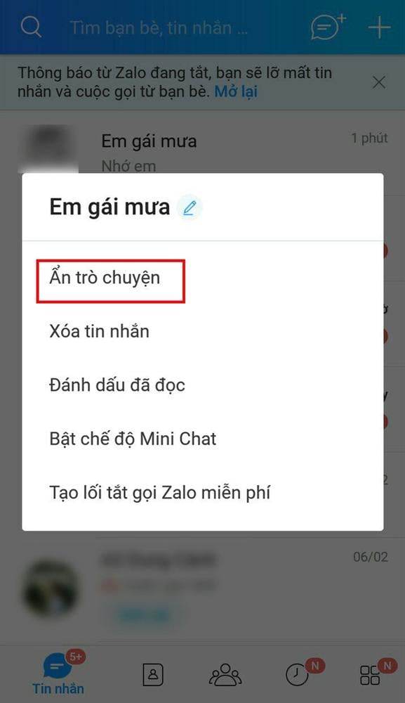 Sau khi ẩn, cuộc trò chuyện sẽ không còn hiển thị trong mục tin nhắn chung nữa.