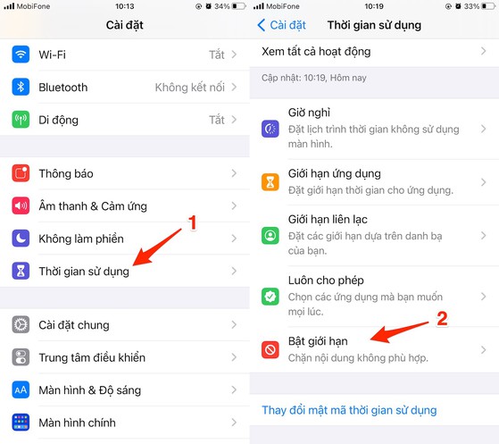 Đầu tiên, hãy vào mục Cài đặt (Settings) - Thời gian sử dụng (Screen Time) - Turn on Bật thời gian sử dụng (Screen Time) - Tiếp tục (Continue) - Bật giới hạn (Content & Privacy Restrictions).  