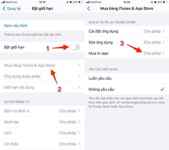 Kích hoạt tùy chọn Bật giới hạn (Content & Privacy Restrictions) - Mua hàng iTunes và App Store (iTunes & App Store Purchases) - Mua in-app (In-app Purchases), sau đó thiết lập thành Không cho phép (Don’t allow).