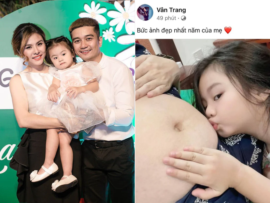 Diễn viên Vân Trang khoe bức ảnh vòng 2 đã nhô lớn thấy rõ và thông báo: 
