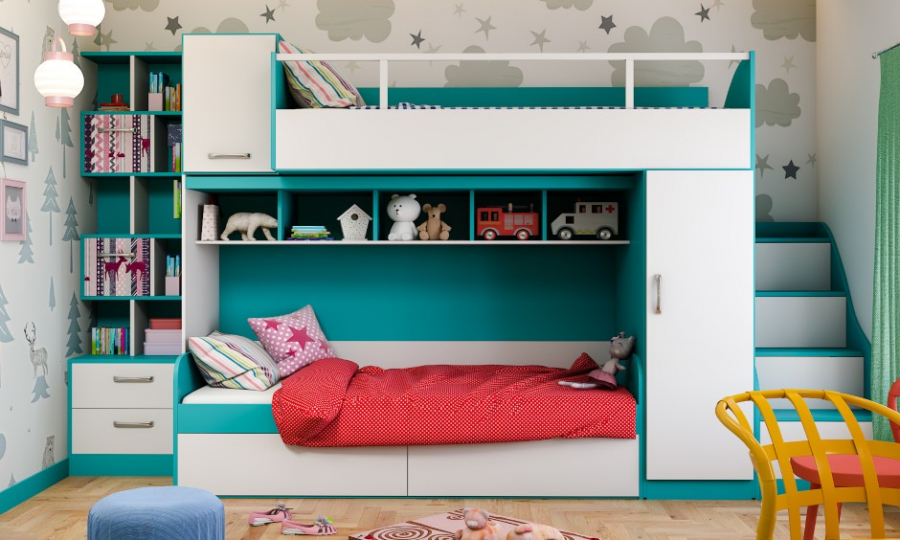 kids-bedroom-design-in-modern-eclectic-style-with-bunk-beds