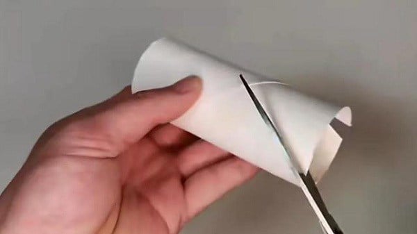 Đầu tiên, bạn cần chuẩn bị một lõi giấy vệ sinh, dùng kéo cắt một hình tam giác ngược ở đầu ống giấy.    