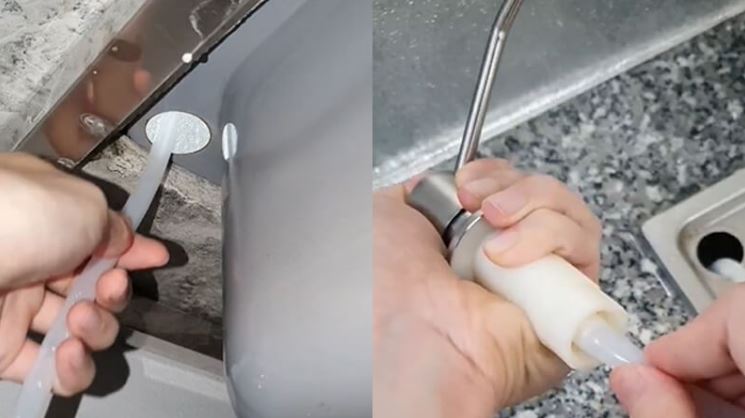 Luồn ống dẫn qua lỗ tròn có sẵn trên bồn rửa bát. Sau đó nối ống với đầu bơm và lắp cố định vào bồn rửa.