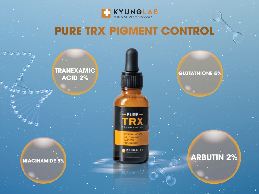 KyungLab Pure TRX Pigment Control chứa các hoạt chất làm trắng nổi tiếng Tranexamic Acid, Gluathione, Arbutin, Niacinamide được chứng minh hiệu quả trong da liễu