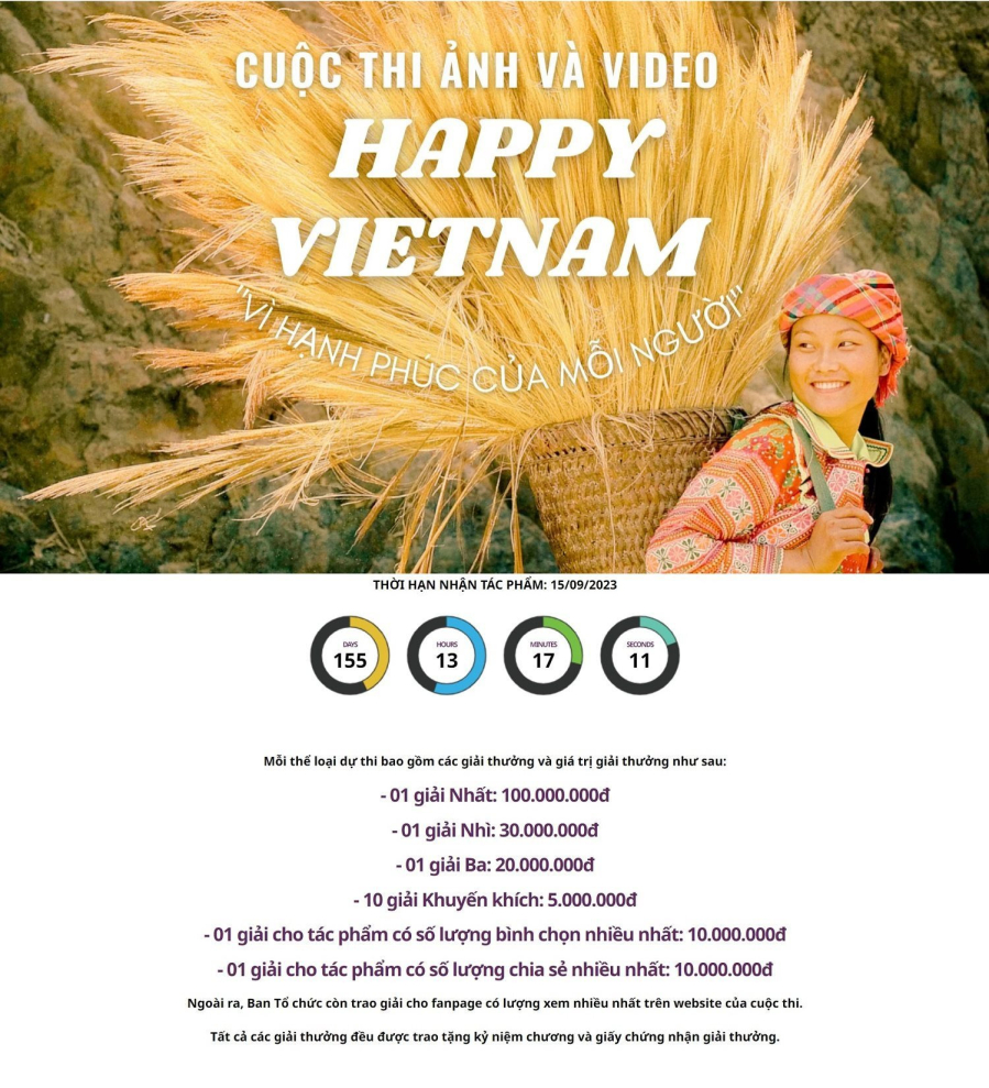 Cuộc thi “Happy Vietnam 2023” với chủ đề “Vì hạnh phúc mỗi người” với cơ cấu giải thưởng lên đến 400 triệu đồng