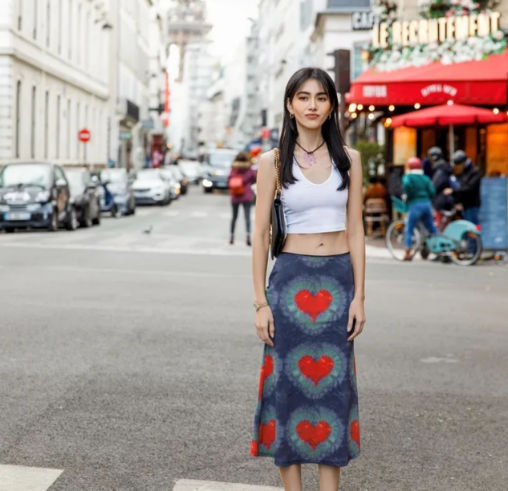 Công thức áo crop top và chân váy họa tiết ghi điểm ở nét cá tính, cool ngầu. 