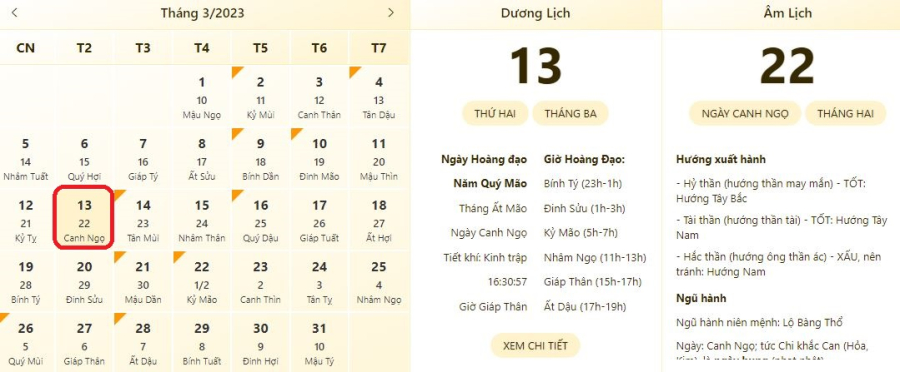 Xem lịch âm ngày 13/3/2024, xem giờ tốt xấu ngày 13/3/2024.