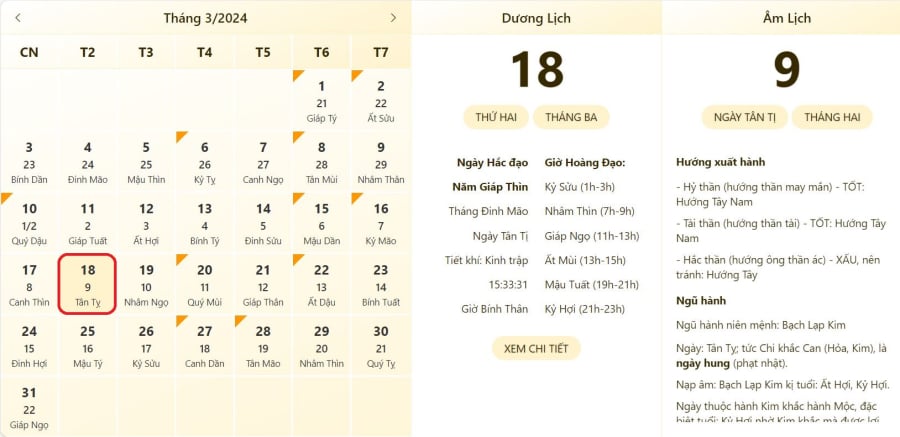 Xem lịch âm ngày 18/3/2024, xem giờ tốt xấu ngày 18/3/2024.