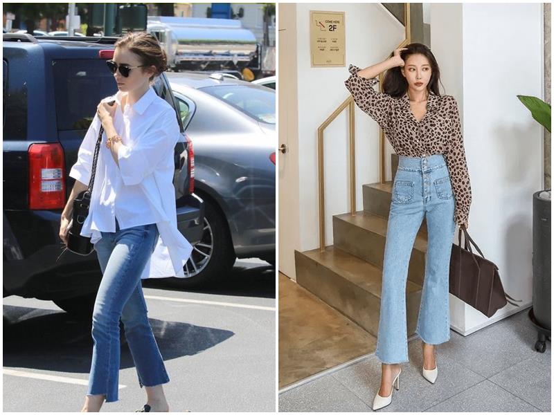Wide-leg jeans paired with a classic shirt