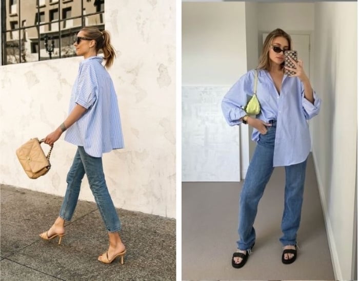 Dark blue jeans paired with light blue shirts