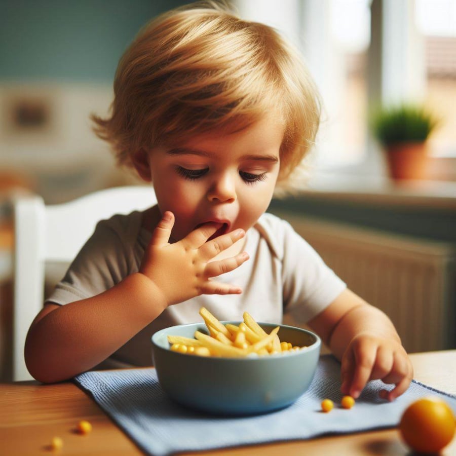 Khi tự tay bốc thức ăn và đưa vào miệng, trẻ không chỉ tăng cường hứng thú với việc ăn uống mà còn rèn luyện khả năng phối hợp giữa tay và mắt