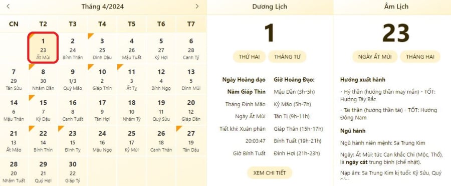 Xem lịch âm ngày 1/4/2024, xem giờ tốt xấu ngày 1/4/2024.